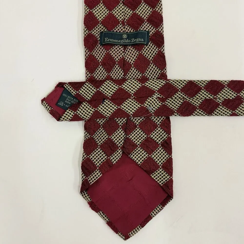 Ermenegildo Zegna Mens Silk Tie Burg Red Tan Check Geometric Luxury Career